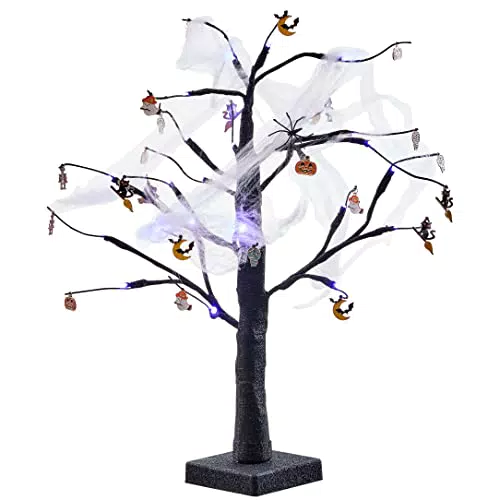 THE TWIDDLERS Albero Nero Glitterato di Halloween con Luci a LED Viola