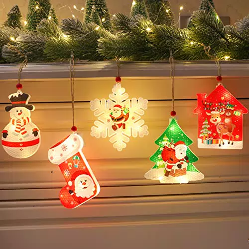 WWSUNNY Luci Albero di Natale da Appendere 3D, Luci Decorative della Novità di Natale Luce di Buon Natale Pupazzo di Neve per Interno Finestre Sentiero Patio Decorazione Camera