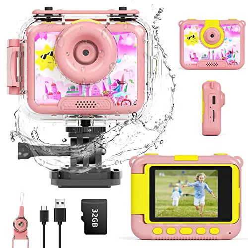 YMINA Fotocamera per bambini, impermeabile, fotocamera subacquea con scheda SD da 32 GB