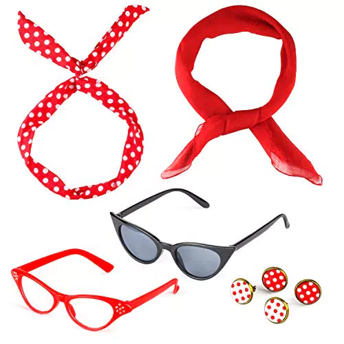 Beelittle 50's Costume Accessories Set Sciarpa in Chiffon degli Anni '50 Cat Eye Glasses Bandana Tie Headband Drop DOT Earrings