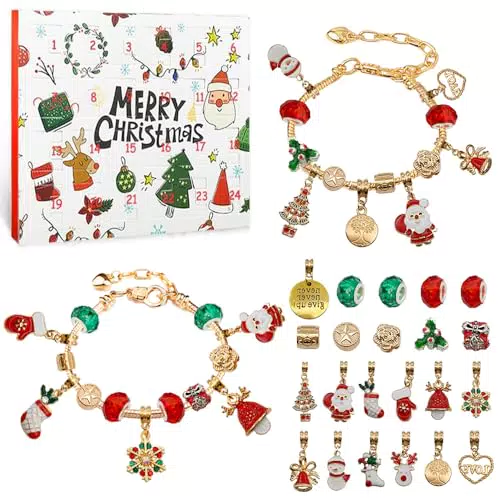 BNGXR Calendario dell'Avvento 2023, Calendario Avvento Gioielli Bambina con 22 Perle di Fascino Braccialetti Advent Calendar Fai-da-te Kit per Creare Braccialetti per Donne