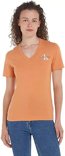Calvin Klein Jeans T-shirt Donna Maniche Corte Monologo Slim Scollo a V