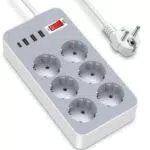 Ciabatta elettrica, 4 porte USB e 6 prese multiple, grigio