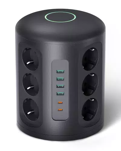 Ciabatta Elettrica con 12 Prese Universali e 3 slot USB-A + 2 slot USB-C