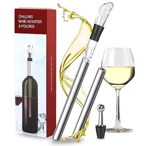 Dreamhigh 4 in 1 Refrigeratore per Bottiglie Vino, 2 Asta di Raffreddamento Inox di Qualità con 1 Versatore Anti-Goccia e 1 Tappo Bottiglia Vino
