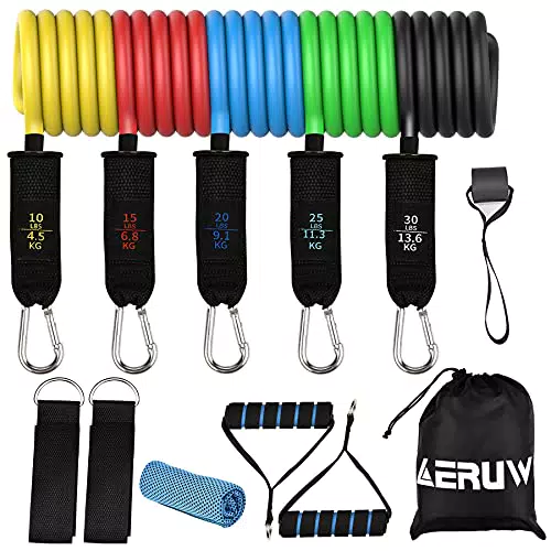 Elastici Fitness Set di Fasce Resistenza con 5 Fasce di Resistenza/2 Maniglie/2 Cinghie per Caviglia/Asciugamani/Ancoraggio da Porta - Kit Allenamento Casa per Yoga Pilates Fisioterapia