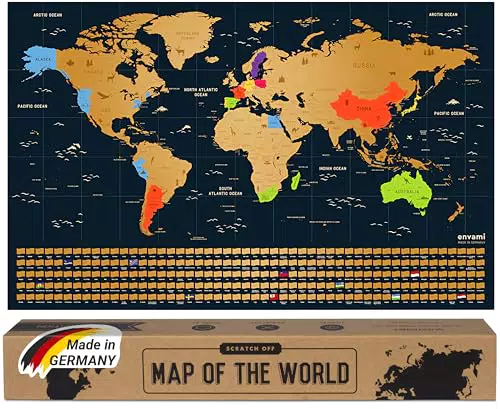 envami Mappa del Mondo da Grattare - 68 X 43 CM - idee regalo - mappamondo da grattare con bandiere - scratch off map - mappa da grattare - cartina mondo da grattare - oro inglese