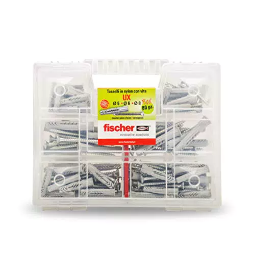 Fischer KIT UX, Valigetta 80 Tasselli UX con vite Assortiti per Fissaggio su Muro pieno