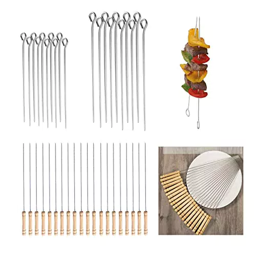Fiyuer spiedini da Barbecue Inox 40 PCS Bastoncini per spiedini in Acciaio 15/20/30 cm per Grigliatura Carne Verdure BBQ Bastone