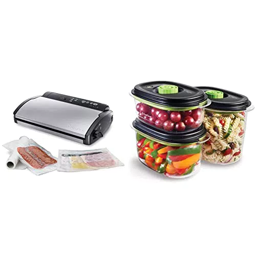 FoodSaver V2860 Macchina Sottovuoto per Alimenti, nero/argento + Set di 3 Contenitori Salva Freschezza Sottovuoto con funzione marinatura