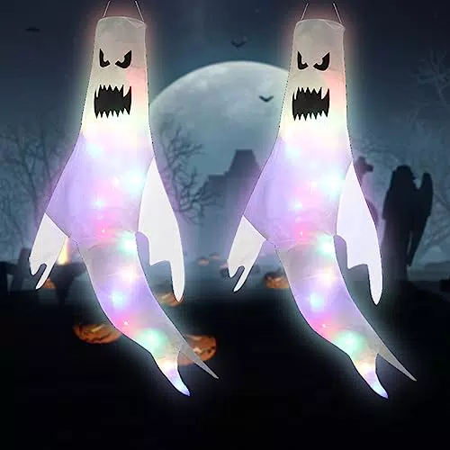 Forhome Manica a Vento Fantasma di Halloween, 120 cm Halloween Ghost Decorazione da Giardino con luci LED