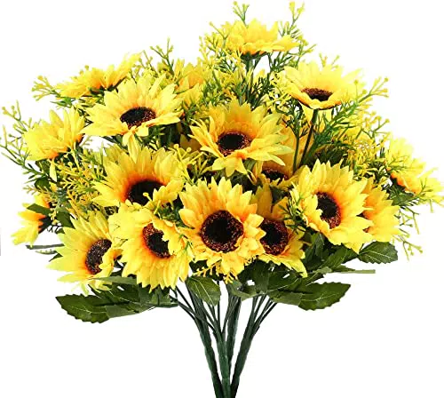 GGISUI 4PZ Fiori Artificiali Esterni Girasoli Finti Girasoli Bouquet Composizioni Fiori Finti Piante Decorazioni per Matrimoni Balconi Cimitero Giardino Interni Tavolo Casa Vaso all'Aperto