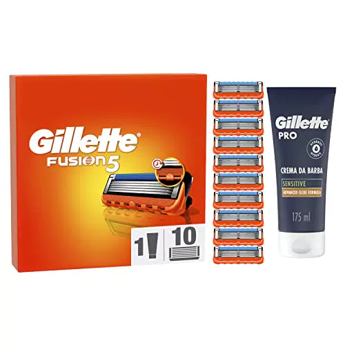 Gillette Fusion 5 LAMETTE e CREMA DA BARBA, 10 RICAMBI da 5 Lame