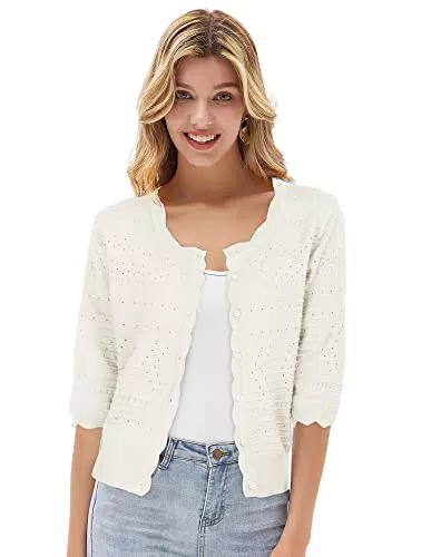 GRACE KARIN Cardigan Elegante Donna Tinta Unita Maniche Corte con Bottoni da Cerimonia da Party Scollo Rotondo Bianco L