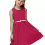 GRACE KARIN Vestito Tinta Unita da Bambina Ragazza Senza Maniche Scollo Rotondo con Cintura Rosa Scuro 6-7 Anni