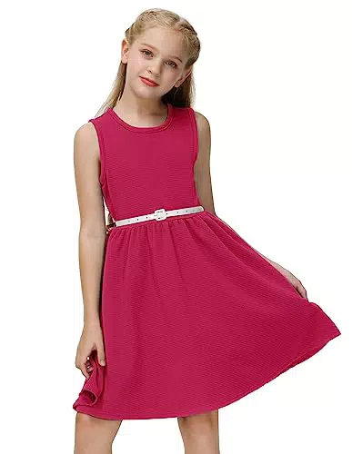 GRACE KARIN Vestito Tinta Unita da Bambina Ragazza Senza Maniche Scollo Rotondo con Cintura Rosa Scuro 6-7 Anni