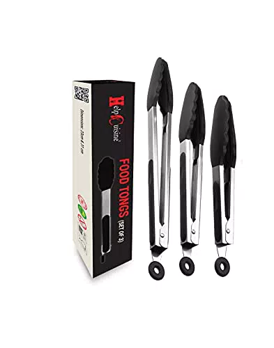 HelpCuisine pinze Cucina Professionali Multiuso, Set da 2 pinze di Colore Nero in Acciaio Inox e Silicone termoresistente e inodore