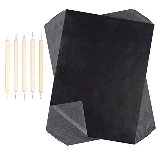 Huayue 200 Fogli Carta Carbone, con 5 Pezzi di Penna Groffrata Carta per Trasferimento di Carbonio Carta Copiativa Nera per Carta Metallo Ceramica Argilla Gesso-