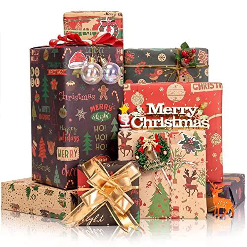 Larcenciel Natale Carta Regalo 8 Fogli, Carta da Regalo Natalizia con Fiocco Regalo