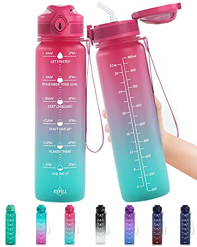 Lunidry 1 Litro Borraccia Sportiva con Cannuccia & Indicatore del Tempo Motivazionale