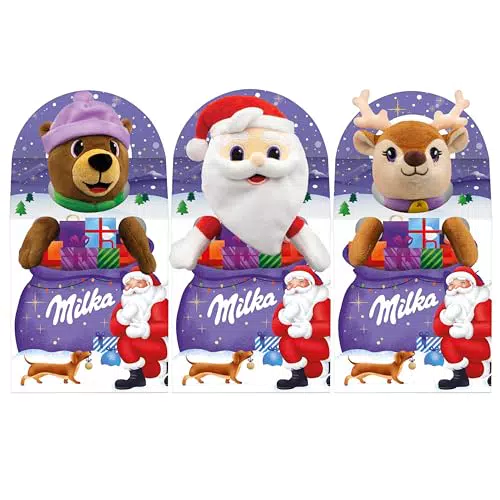 Milka, peluche di natale disponibile con 3 personaggi e deliziosi cioccolatini al latte milka