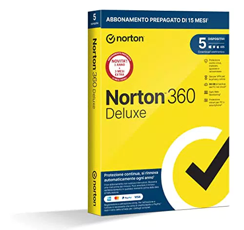 Norton 360 Deluxe 2024, Antivirus per 5 dispositivi, 15 mesi
