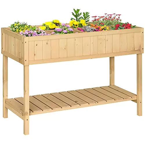 Outsunny Letto per Orto Rialzato in Legno Orto Pensile Urbano con 8 Griglie e Ripiano Inferiore per Piante da Giardino 120x60x81cm