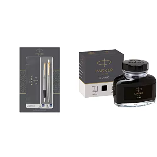 PARKER Jotter Duo Set con Penna a Sfera e Penna Stilografica in Acciaio Inox con Finiture in Oro & flacone di inchiostro