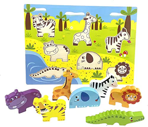 RB&G Puzzle in legno con grandi parti Safaritiere Puzzle per bambini a partire da 1 anno di ippopotamo & Co. Puzzle Baby