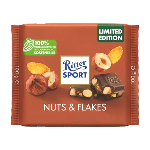 Ritter Sport Nuts & Flakes, Tavoletta di Cioccolato al Latte con Nocciole Tostate Intere e Fiocchi di Mais