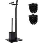 Set Wc Piantana - Nero 22X18X70Cm Portarotolo E Portascopino Incl. Acciaio Inossidabile Base In Vetro Extra: 1+2 Testine Ricambio Spazzolone!