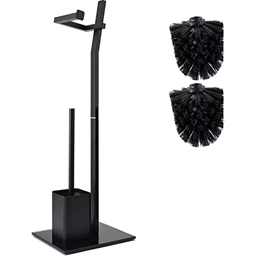 Set Wc Piantana - Nero 22X18X70Cm Portarotolo E Portascopino Incl. Acciaio Inossidabile Base In Vetro Extra: 1+2 Testine Ricambio Spazzolone!