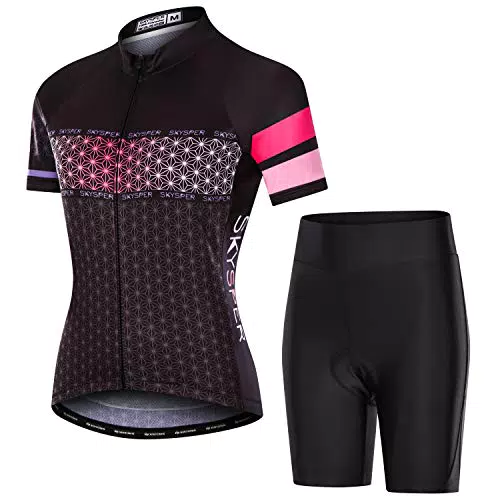 SKYSPER Completo Ciclismo Donna, Set Abbigliamento Ciclismo Traspirante Maglia Manica Corta + Pantaloni 3D Imbottito Completo Bici per Ciclista Estate
