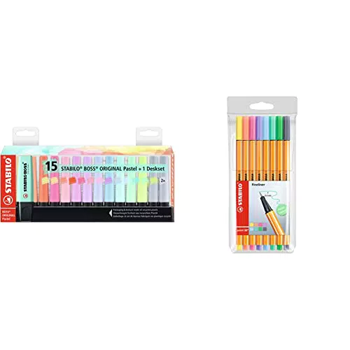 Stabilo Evidenziatore BOSS ORIGINAL Pastel Desk-Set 15 Evidenziatori Pastel & Fineliner point 88 Astuccio da 8 Pastel Colori assortiti