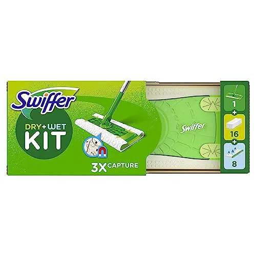 Swiffer Catturapolvere e Lavapavimenti, 1 Scopa e 16 Panni Microfibra Dry e 8 Panni Wet