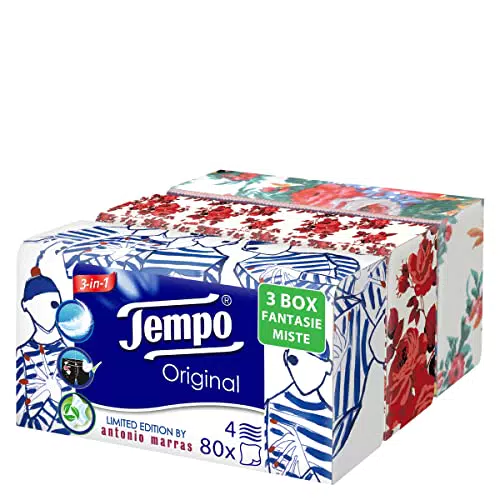 Tempo, Scatola di Fazzoletti di Carta, 3 Scatole da 80 Fazzolettini Monouso