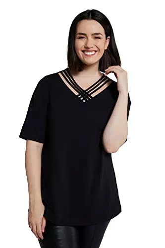 Ulla Popken T-Shirt Classic Scollo a V con Nastri Incrociati Magliette