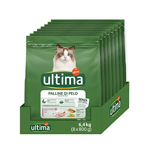 Ultima Palline di pelo Tacchino - Crocchette per gatti - Confezione da 8 x 800g - Totale 6