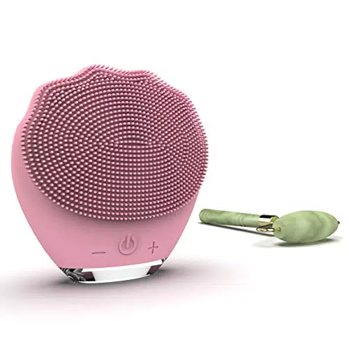 Wottocare Rechargeable Silicone Facial Cleanser e massaggiatore con rullo di giada naturale e borsa da trasporto - pulizia intelligente per tutti i tipi di pelle - Anti Aging Massager - Nero