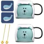 Arawat Bicchieri a Doppia Parete 2 Set Tazze Orso Carino Bicchieri da caffè Tazza da caffè con Manico Bicchieri da tè con Cucchiaio e sottobicchiere Tazza da tè caffè Tazza di Natale