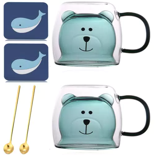 Arawat Bicchieri a Doppia Parete 2 Set Tazze Orso Carino Bicchieri da caffè Tazza da caffè con Manico Bicchieri da tè con Cucchiaio e sottobicchiere Tazza da tè caffè Tazza di Natale