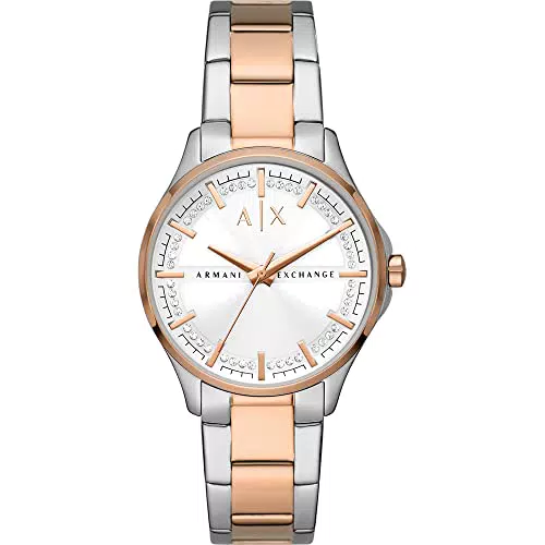 Armani Exchange Orologio a tre lancette da donna, cassa in acciaio inossidabile 2T argento/rosa da 36 mm con bracciale in acciaio inossidabile