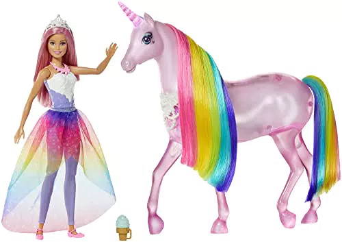 Barbie - Dreamtopia Bambola Barbie Pricipessa con Capelli Rosa e Unicorno Magico con Criniera Arcobaleno