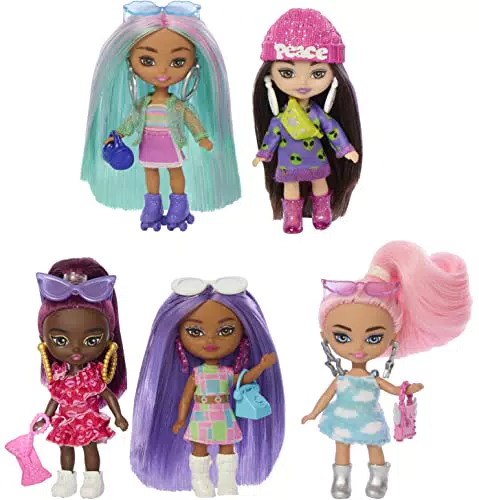 Barbie, Extra Mini Minis, Confezione da 5 Mini Bambole Alte 8+ cm