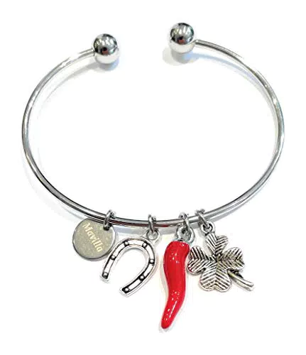Bracciale donna acciaio corno portafortuna e ciondolo ciampa di cavallo .Made in Italy. bracciale in acciaio emozionale - frasi