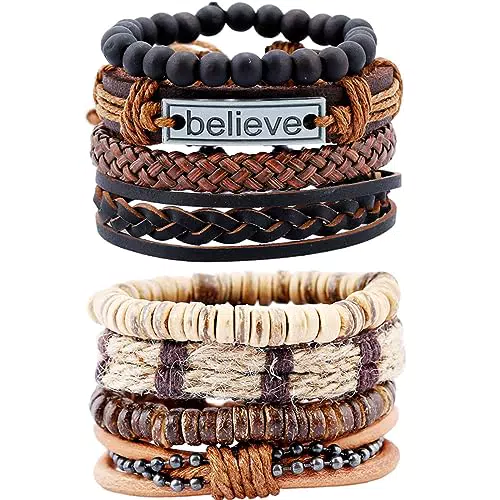 CAILI Bracciale da Uomo, Bracciale Vintage in Pelle Intrecciata Multistrato