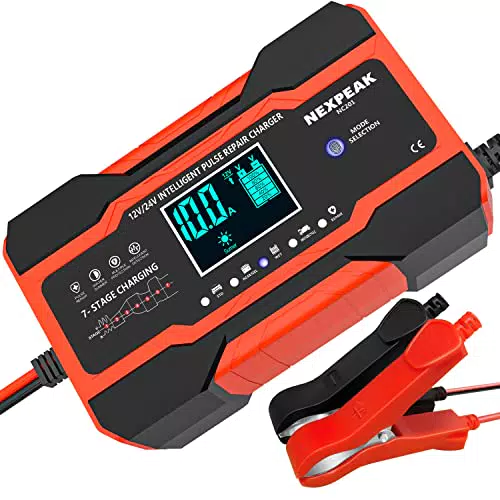 Caricabatteria per auto da 10 A, 12V e 24V Caricabatteria intelligente completamente automatico Caricabatterie di mantenimento per auto Camion Moto Barca Marine Batterie al piombo acido