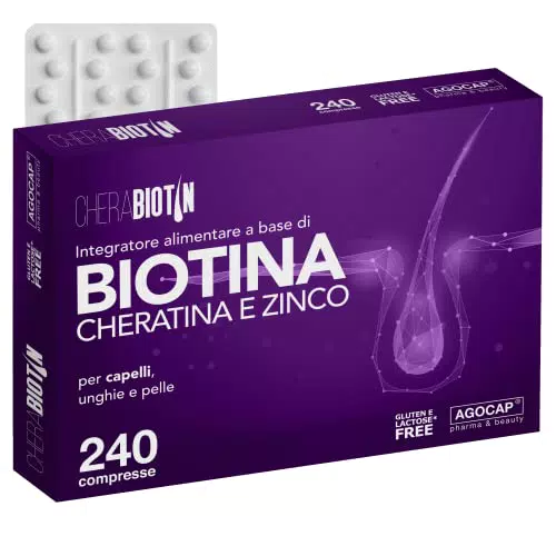 Cherabiotin, integratori a base di Biotina, Cheratina e Zinco. Vitamine per unghie e pelle. crescita capelli e anticaduta donna. 240 micro compresse