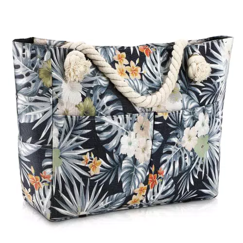 Coikes Borsa da Spiaggia Grande, 43.5x14x36.5 cm Extra Grande Borse Tote da donna con 8 tasche Multiuso Borse da Piscina con Comodi Manici in Corda per Palestra