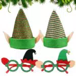 Counius 2 Pezzi Elfo Cappello Natale con Orecchie Cappello Elfo Natale 2 Paia Occhiali di Natale Occhiali Natalizi per Festa Decorazione per Bambini e Adulti Cappello Elfo Natale Accessorio Regalo